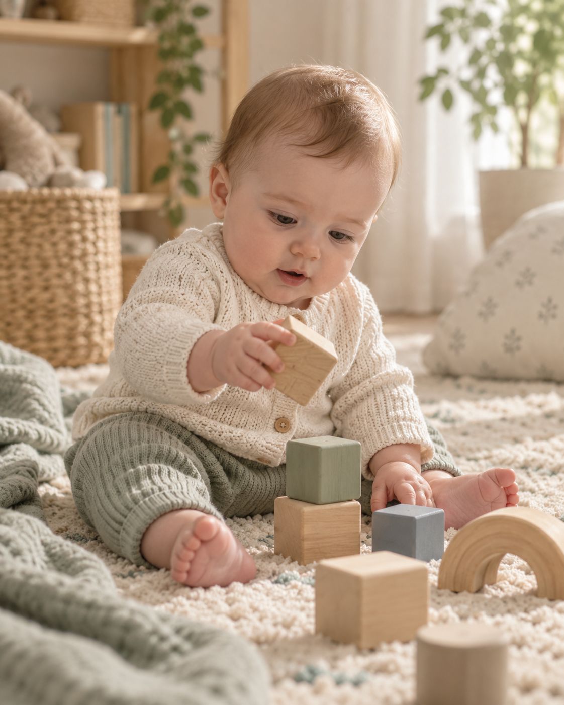 Família brincando com o bebê e blocos de madeira no tapete da sala