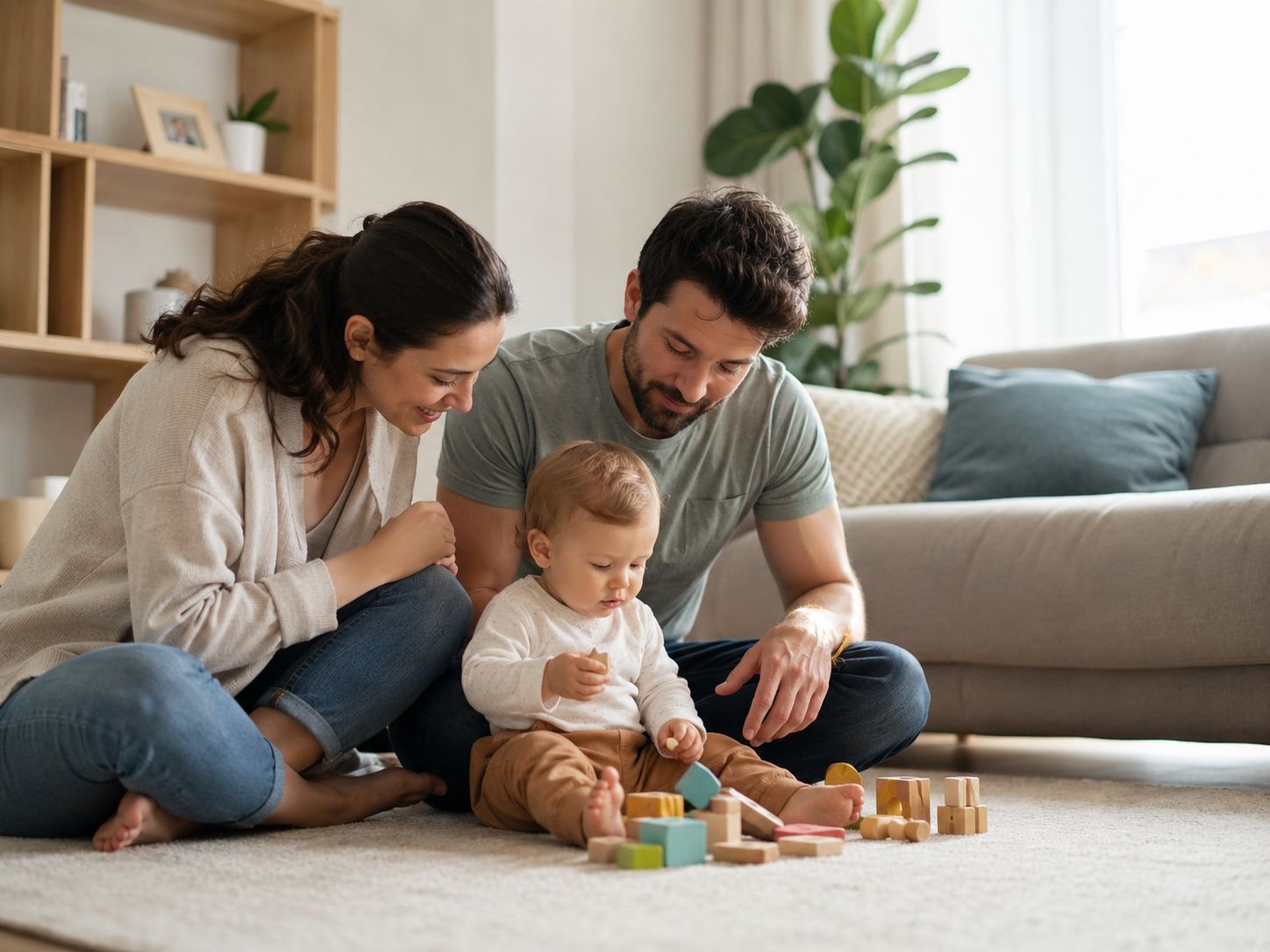 Família reunida no chão da sala, brincando com blocos de madeira